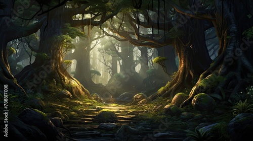 The enchanted forest is a place of mystery and wonder. The trees are tall and the leaves are a lush green.