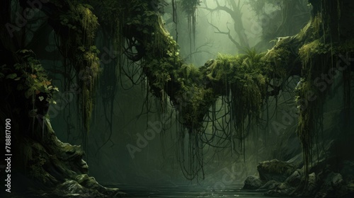 The dark and mysterious jungle is full of secrets and dangers. The thick vegetation blocks out the sun, creating a gloomy atmosphere.