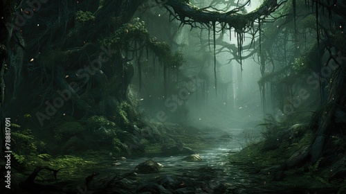 A dark and mysterious forest with a river running through it. photo