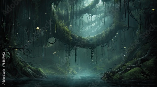 Mystical and magical atmosphere in this mysterious jungle with a river flowing through it.