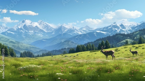 The image is of a beautiful mountain landscape with a lush green field in the foreground and snow-capped mountains in the distance.