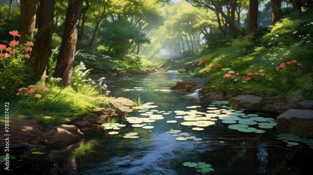 Fototapeta premium The sun shines through the trees in a beautiful forest.