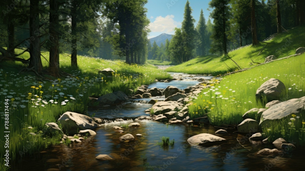 A beautiful landscape with a river flowing through a forest. The water is crystal clear with rocks projecting out of it.