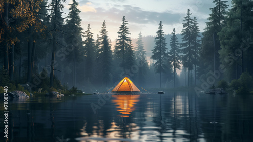 tent in the forest by the water in the morning © M. Media