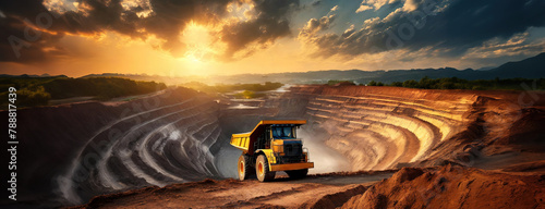 Massive Mining Truck in Open Pit Mine at Sunset. Large vehicle operates within expansive excavation site during golden hour. Panorama with copy space. photo