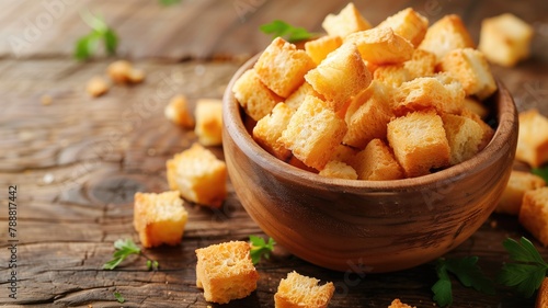 Bowl of golden-brown croutons on wooden table with scattered pieces and green herbs