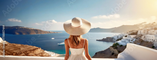 A woman overlooks the blue sea from a picturesque Grecian balcony. Her contemplative gaze upon the Mediterranean horizon offers a scenic panorama with copy space.