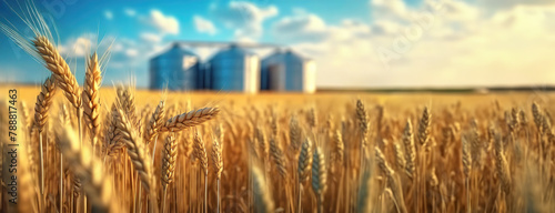 Golden wheat ears sway before silos in the rural countryside. The harvest scene unfolds under a clear sky, a classic agricultural panorama with copy space.