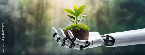 International Day of Forests. A robotic arm tenderly holds a small plant, symbolizing technology and nature. Synthesis of innovation and ecology, an intriguing panorama with copy space.
