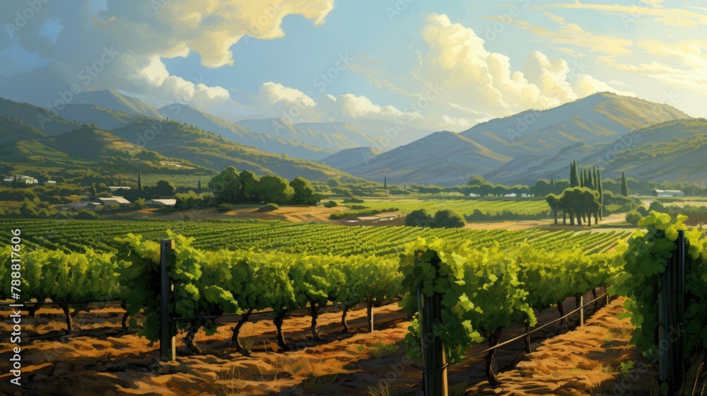 Fototapeta premium Picturesque landscape of endless rows of grape vines in a lush green vineyard.