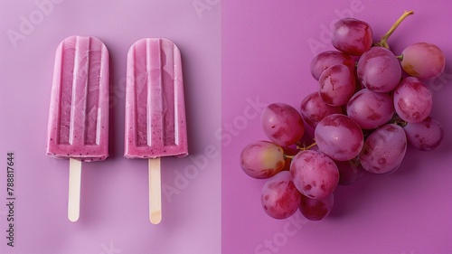 Two berry-flavored popsicles next to red grapes on purple background photo