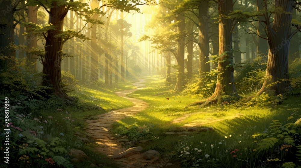 The sun shines through the trees in a beautiful forest. The path is overgrown with grass and flowers. The trees are tall and green. The sun shines through the trees in a beautiful forest. The path is overgrown with grass and flowers. The trees are tall and green.