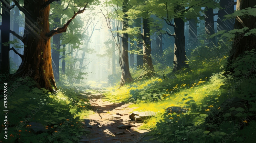 The sun shines through the tall trees in the forest, creating a dappled pattern on the ground. The sun shines through the tall trees in the forest, creating a dappled pattern on the ground.
