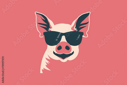 minimalist vector art of sunglasseswearing pig on solid color background photo