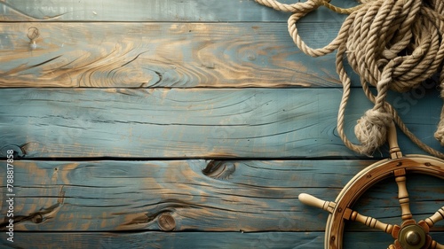 Nautical-themed background with steering wheel and rope on blue wooden surface