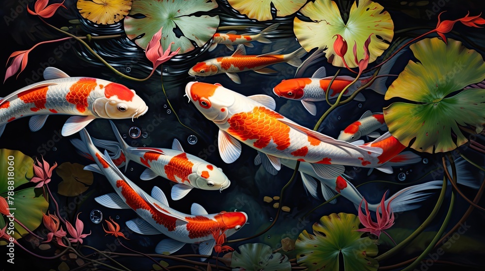 This image is a beautiful depiction of koi fish swimming in a pond. The fish are various colors, including red, orange, white, and black. This image is a beautiful depiction of koi fish swimming in a pond. The fish are various colors, including red, orange, white, and black.
