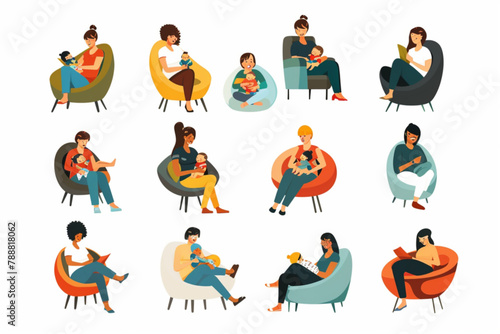 Group of mothers with babies. Club of young mothers. Mommies are sitting with children 3D avatars set vector icon, white background, black colour icon © Ahtesham