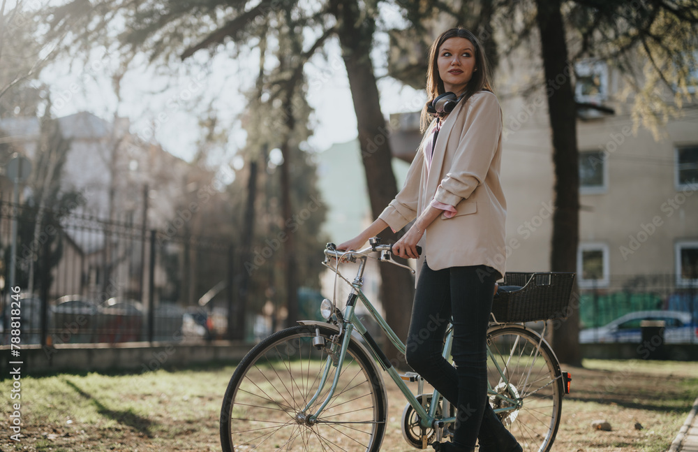 Obraz premium A young woman stands with her vintage bicycle in a sunny urban park, exuding casual style and elegance amidst nature.