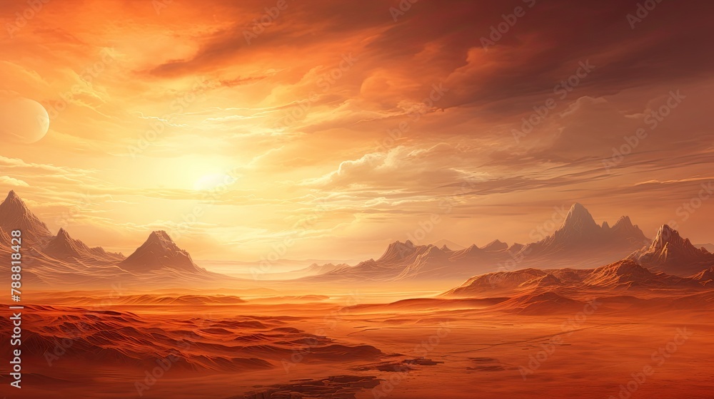 Naklejka premium An epic landscape of a desert planet with two suns in the sky. The foreground is a vast desert with mountains in the distance.