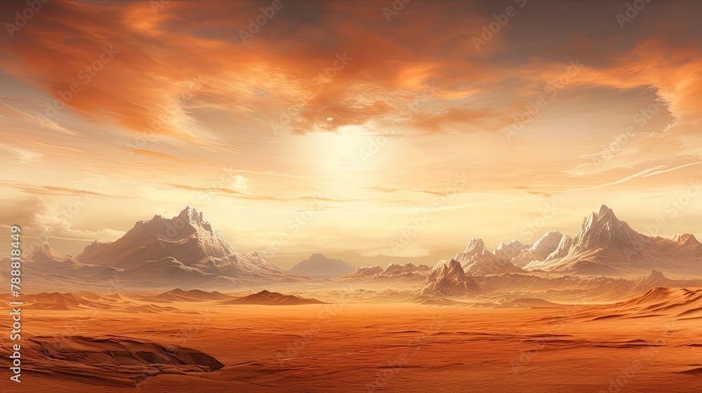Naklejka premium A beautiful landscape of a desert with mountains in the background. The sky is a bright orange and the sun is shining.