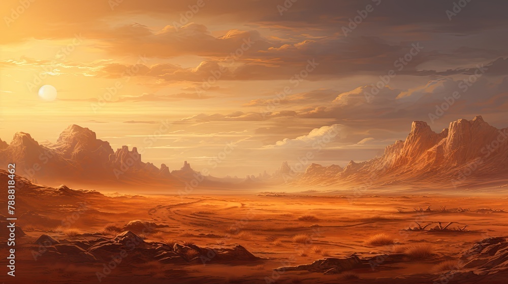 A vast desert landscape with a setting sun. The foreground is a sandy, rocky plain with a few scraggly bushes. A vast desert landscape with a setting sun. The foreground is a sandy, rocky plain with a few scraggly bushes.