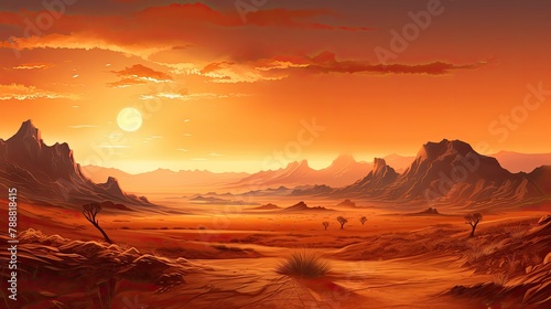 This is a beautiful landscape of a desert at sunset. The warm colors and soft light create a peaceful and serene scene. © BozStock