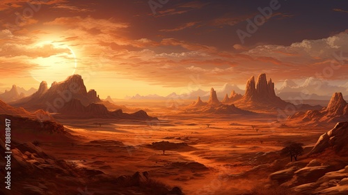A vast and arid desert landscape with towering rock formations and a blazing sun in the distance.