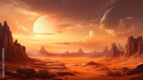 A beautiful landscape of a desert with two suns in the sky.