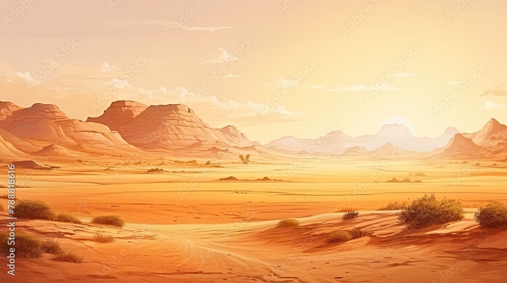This is a beautiful landscape of a desert. The warm colors of the sand and sky create a peaceful and serene scene. This is a beautiful landscape of a desert. The warm colors of the sand and sky create a peaceful and serene scene.