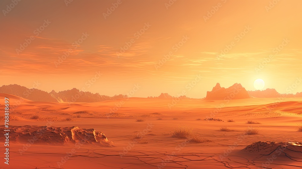 Naklejka premium A vast and desolate desert landscape with a large rock in the foreground. The ground is cracked and dry, and the sky is a deep orange.