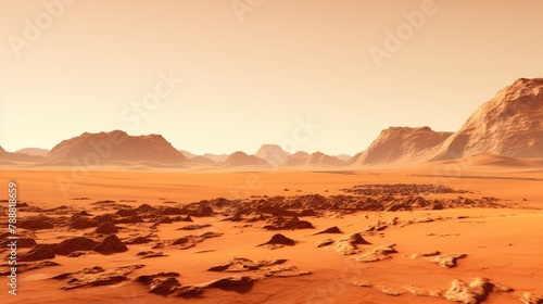 A vast and desolate landscape of Mars with a large rock field in the foreground and a mountain range in the distance.