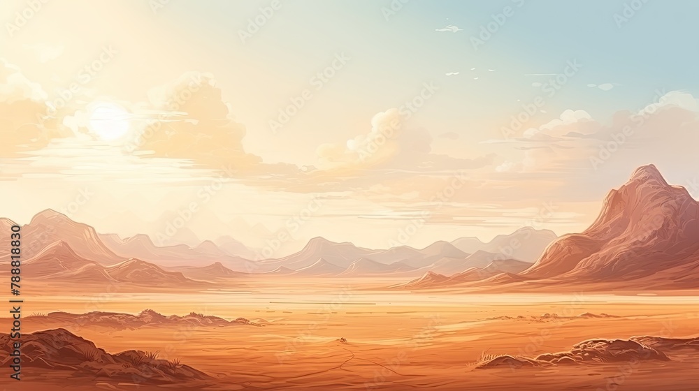 This is a beautiful landscape of a desert with mountains in the background. The warm colors of the sand and sky create a peaceful and serene scene.