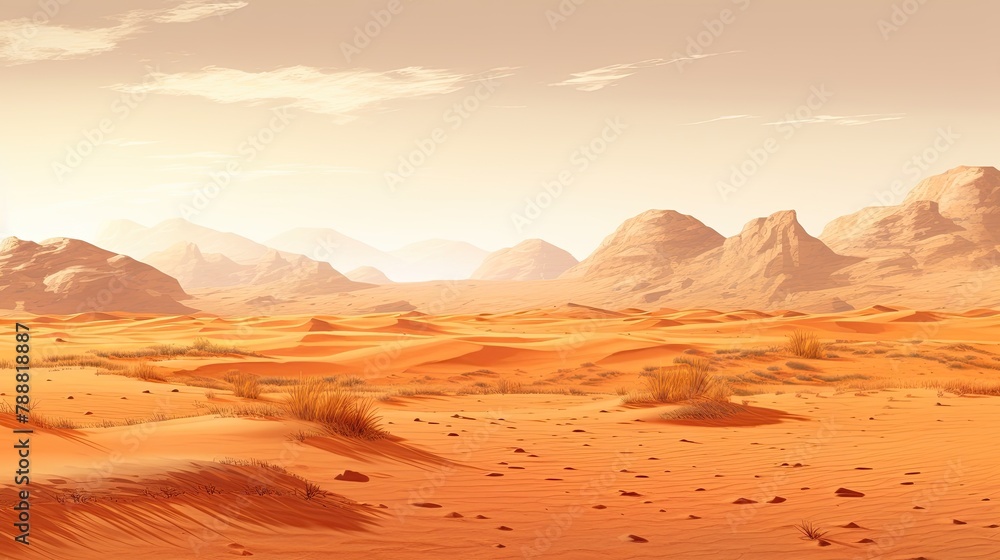 This is a beautiful landscape of a desert with large sand dunes and mountains in the background. The colors are vibrant and the details are amazing.