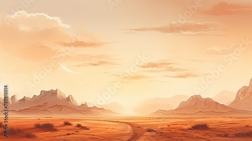 This is a beautiful landscape image of a desert at sunset. The warm colors and soft light create a peaceful and serene scene. © BozStock