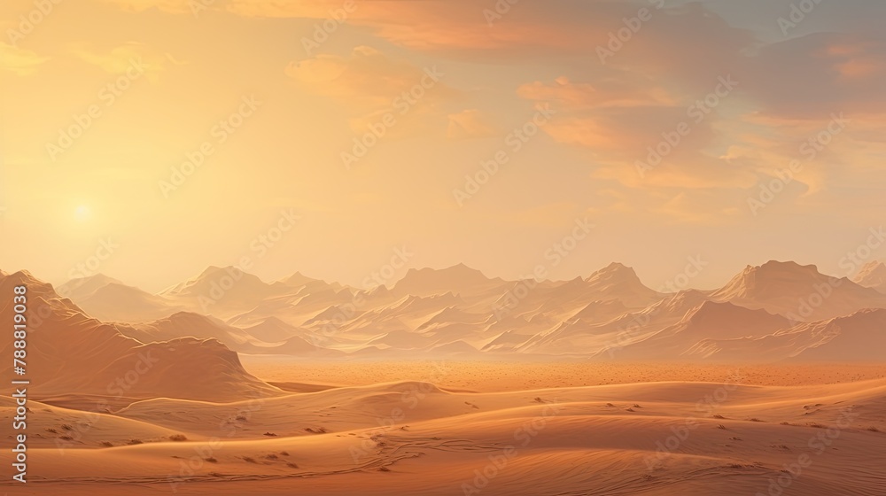 Naklejka premium This is a beautiful landscape of a desert with mountains in the background. The warm colors of the sand and sky create a peaceful and serene scene.