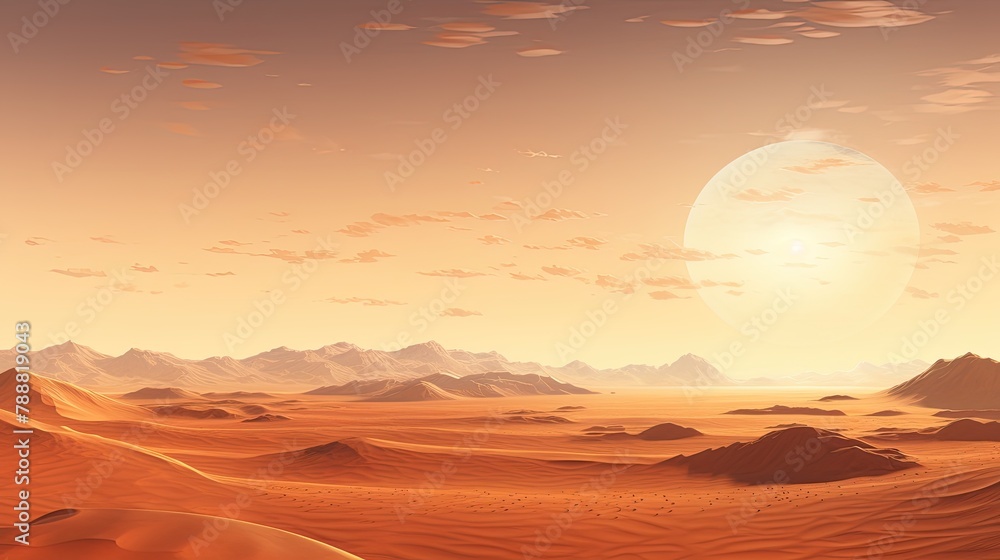 A vast desert landscape with a large moon in the sky. The desert is full of sand dunes and mountains. A vast desert landscape with a large moon in the sky. The desert is full of sand dunes and mountains.
