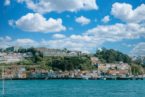 Panoramic landscape of the Douro and Porto and Vila Nova de Gaia, view in the background of the Monastery of Serra do Pilar. Oporto, Portugal. 