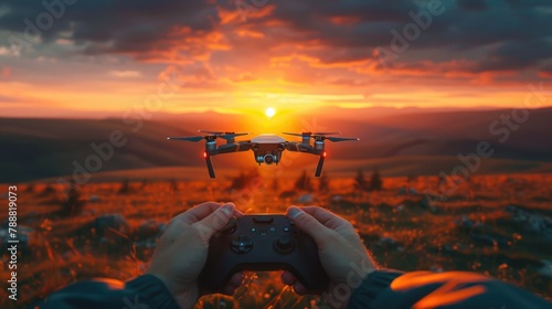 remote control operating drone in hands navigating a flying drone with smart camera outdoor. photo