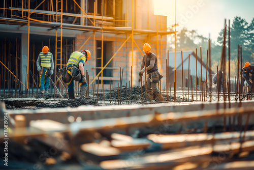 Team of the construction workers works on foundation of contemporary house.