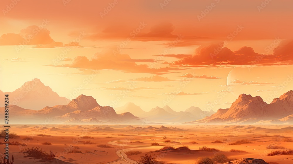 An endless desert landscape with a vibrant sunset. The warm colors and soft lighting create a peaceful and serene scene. An endless desert landscape with a vibrant sunset. The warm colors and soft lighting create a peaceful and serene scene.