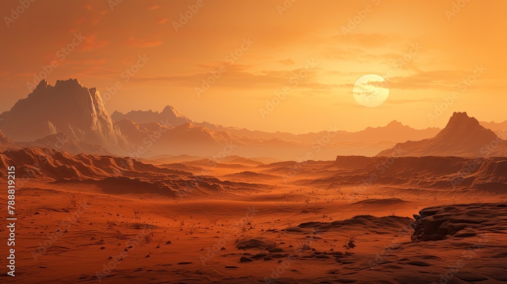 A barren desert landscape with a large moon in the sky. The ground is covered in sand and rocks, with a few mountains in the distance. A barren desert landscape with a large moon in the sky. The ground is covered in sand and rocks, with a few mountains in the distance.