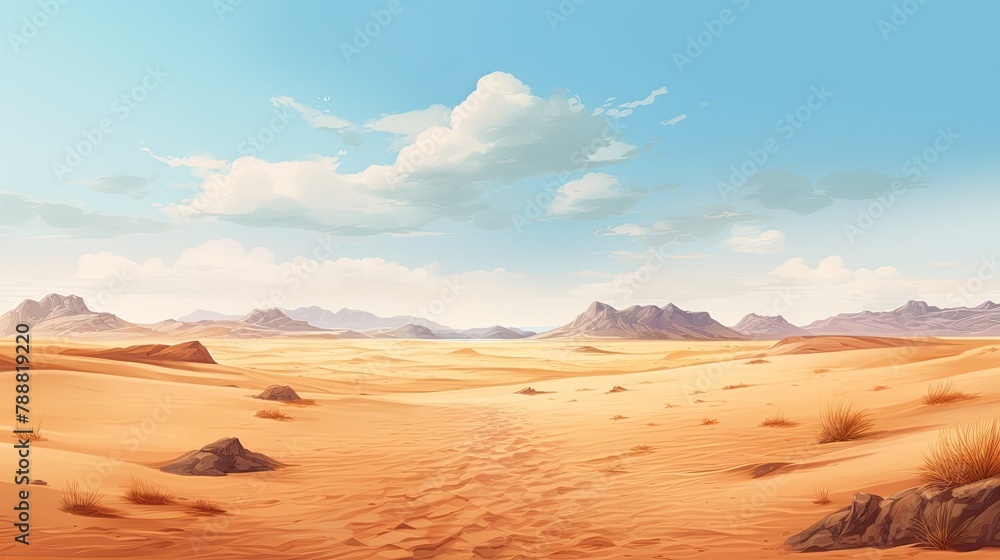 Naklejka premium This is a beautiful landscape of a desert. The foreground is a vast expanse of sand, with a few rocks and shrubs dotting the landscape.
