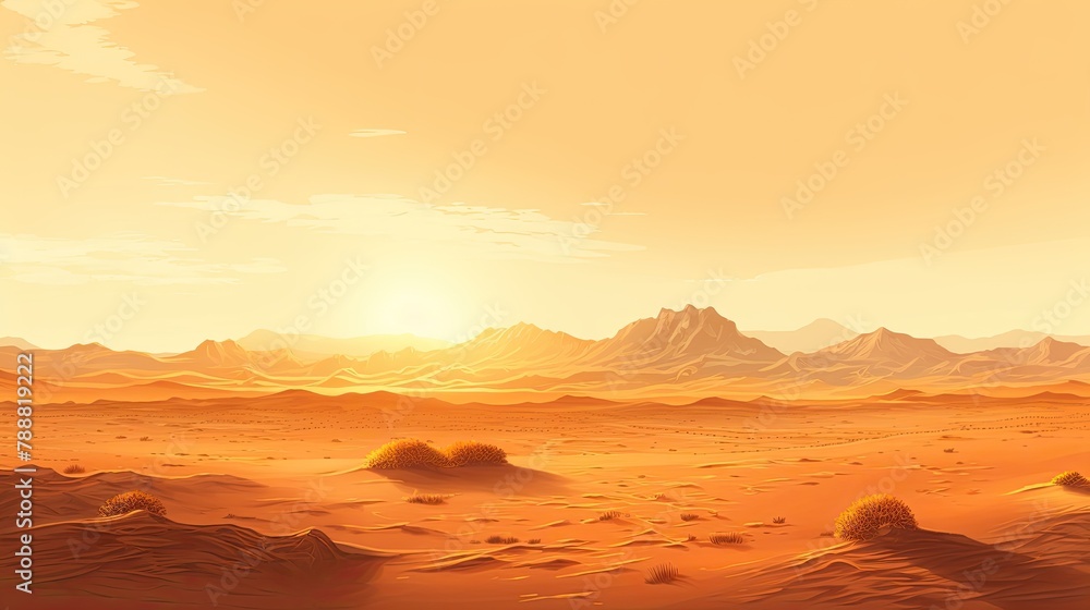This is a beautiful landscape of a desert with mountains in the distance. The warm colors of the sand and sky create a peaceful and serene scene. This is a beautiful landscape of a desert with mountains in the distance. The warm colors of the sand and sky create a peaceful and serene scene.