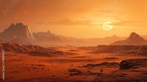 A barren desert landscape with a large moon in the sky. The ground is covered in sand and rocks, with a few mountains in the distance.