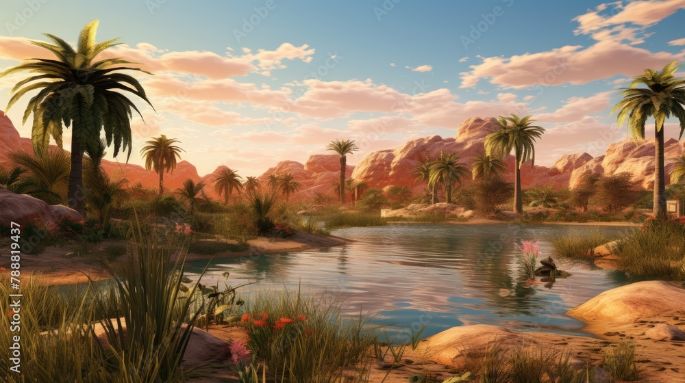 This is a beautiful landscape image of a desert oasis. There are palm trees, mountains, and a body of water.