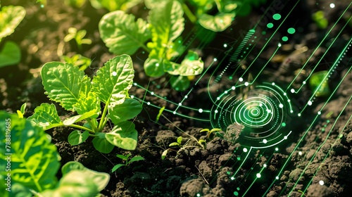 Smart farm concept. Soil health monitoring on a smart farm using cutting-edge soil sensors and data-driven analysis for sustainable crop production. Advancing agriculture. Smart farm evolution. 