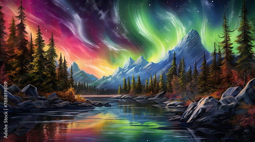 Fototapeta premium The aurora borealis, also known as the northern lights, is a natural phenomenon that creates a beautiful light display that can be seen in various col