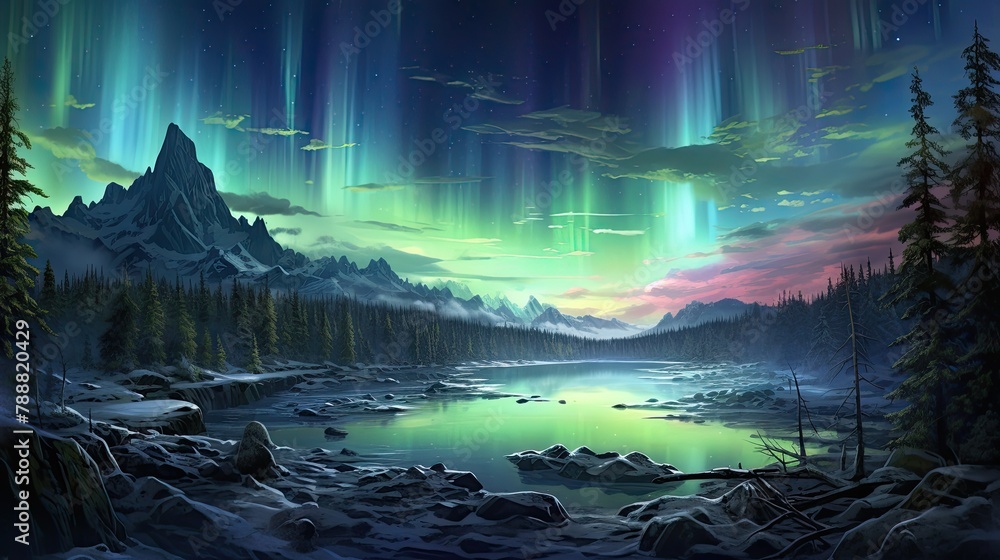 A beautiful winter landscape with a frozen lake, snow-covered trees, and a starry sky with aurora borealis.