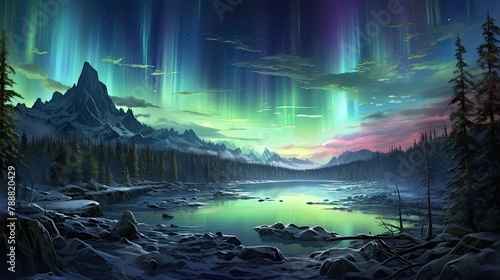 A beautiful winter landscape with a frozen lake  snow-covered trees  and a starry sky with aurora borealis.