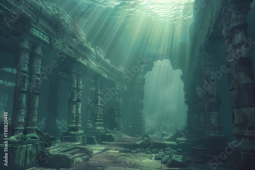 mysterious ancient underwater city ruins discovered sunken civilization remains dramatic lighting 3d render